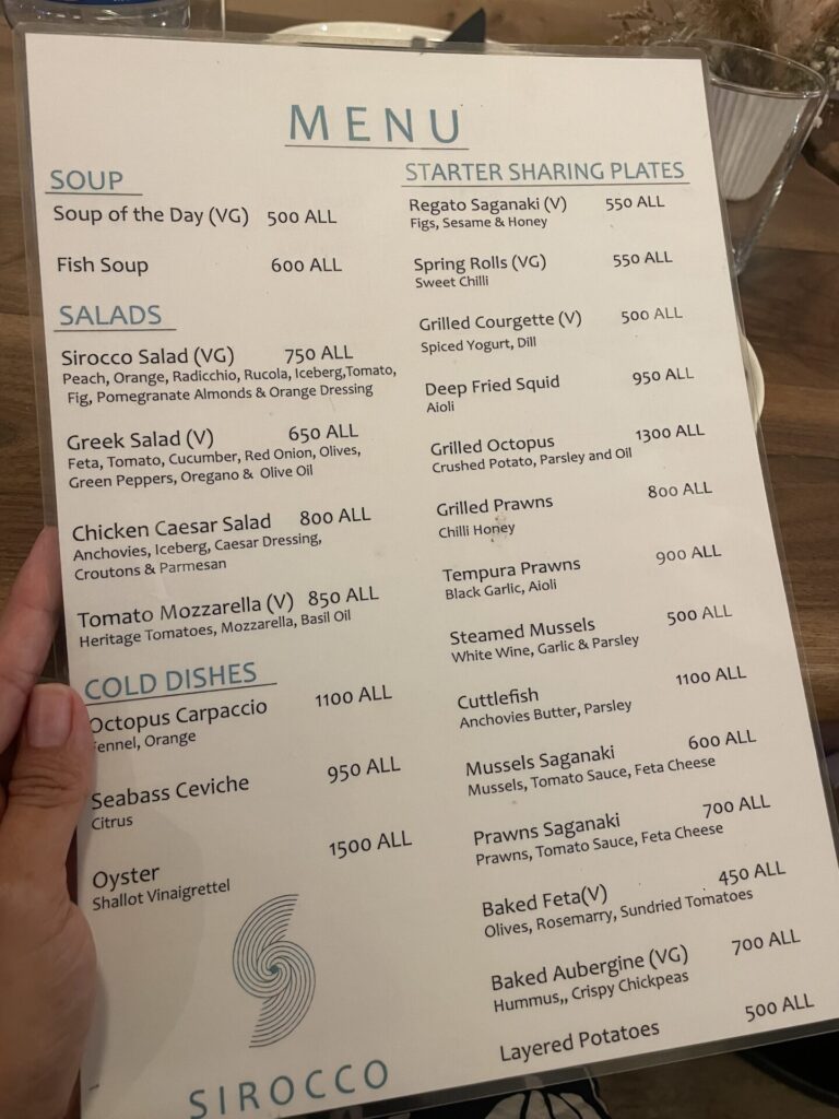 Where to Eat in Saranda - Sirocco menu